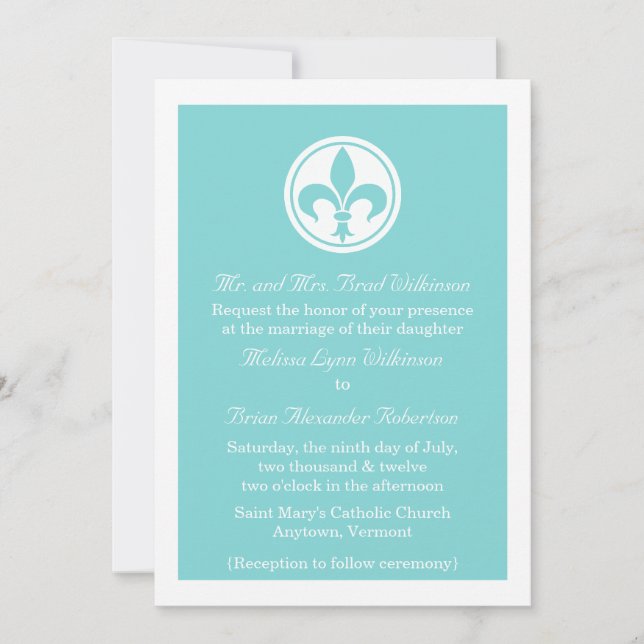 Chic Fleur De Lis Wedding Invite, Aqua Invitation (Front)