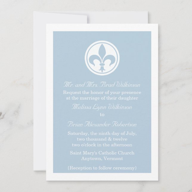 Chic Fleur De Lis Wedding Invite, Blue Invitation (Front)