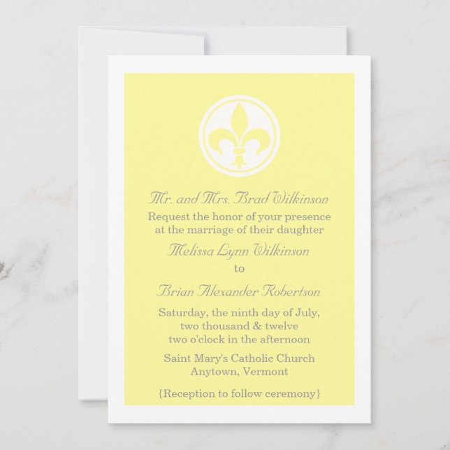 Chic Fleur De Lis Wedding Invite, Yellow Invitation (Front)