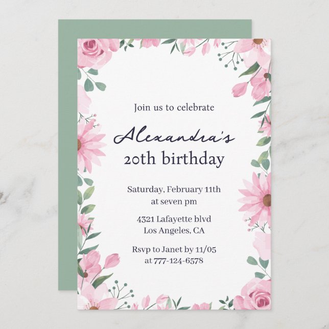 Chic Floral 20th birthday invitations Pink Green (Front/Back)