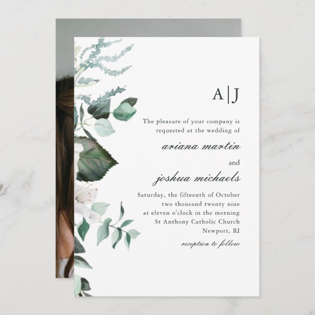 Chic Floral and Greenery Monogram Photo Wedding In Invitation (Front/Back)