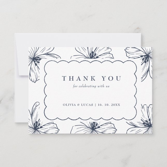 Chic Floral Art Border Modern Wedding Thank You Card (Front)
