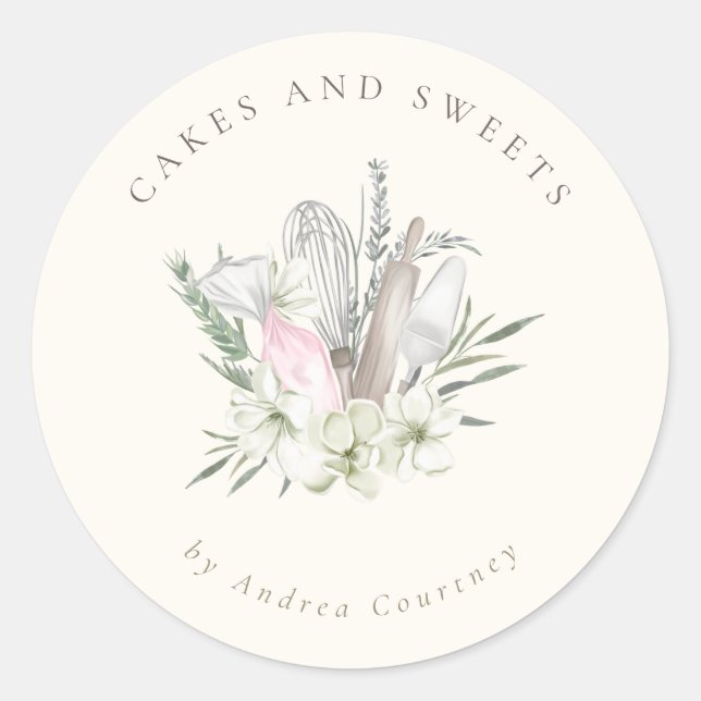 Chic Floral Bakery Pastry Chef Baking Utensils Classic Round Sticker (Front)