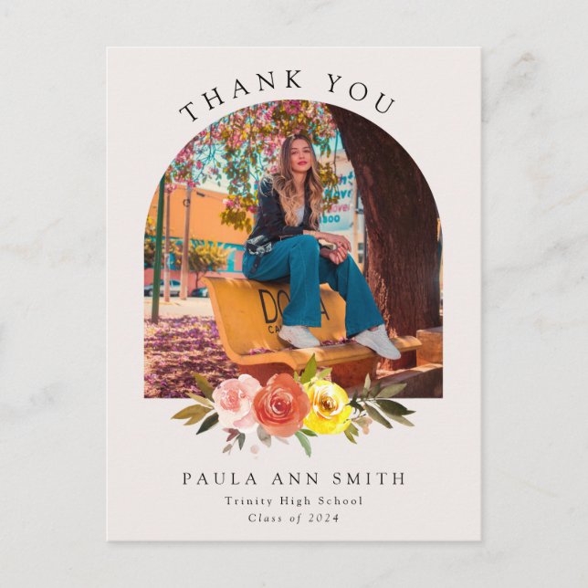Chic Floral Bloom Arch Photo Graduation Thank You  Postcard (Front)