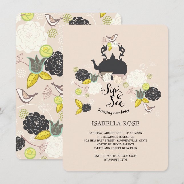Chic Floral Blooms Birds Sip And See Baby Shower Invitation (Front/Back)