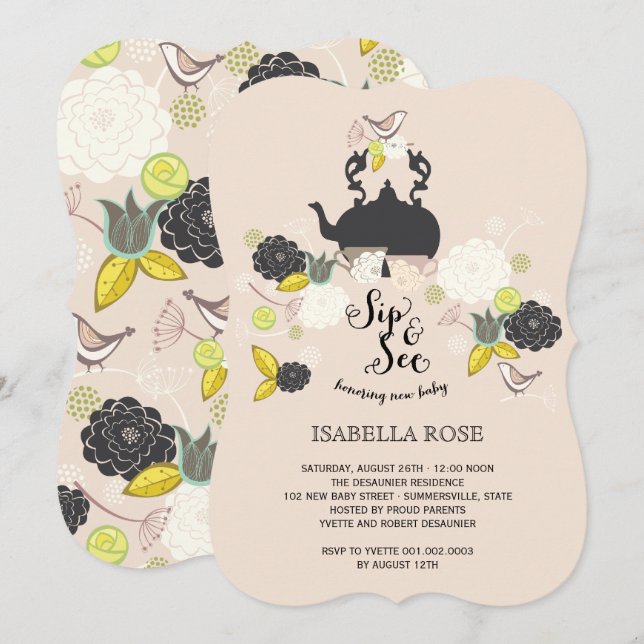 Chic Floral Blooms Birds Sip And See Baby Shower Invitation (Front/Back)