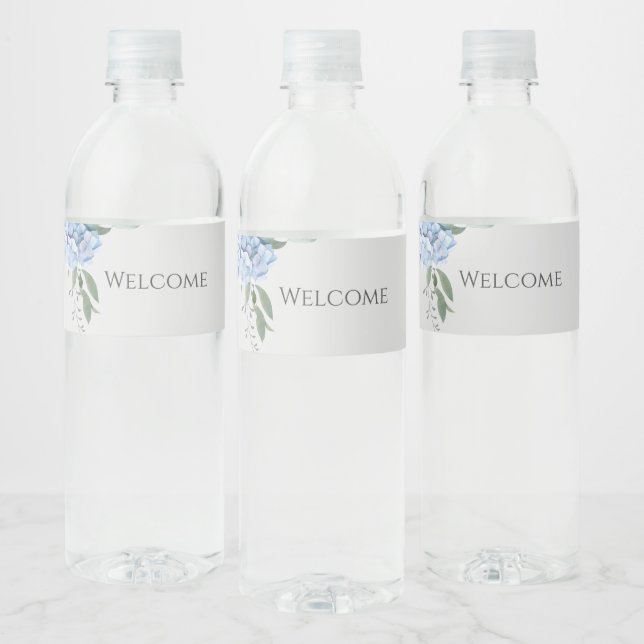 Chic Floral Blue Hydrangea Event Wedding  Water Bottle Label (Bottles)