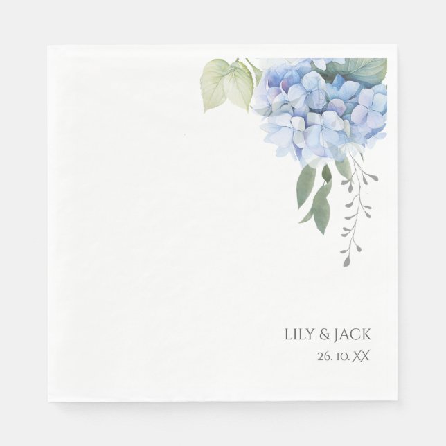 Chic Floral Blue Hydrangea Wedding White Napkin (Front)