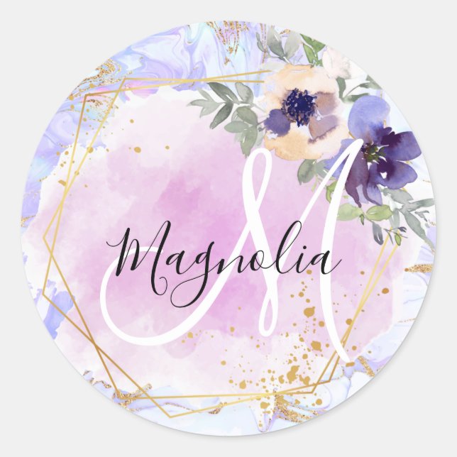 Chic Floral Blue Pink Gold Rainbow Marble Monogram Classic Round Sticker (Front)
