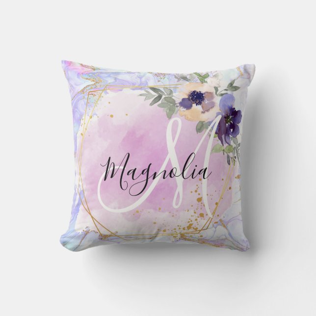 Chic Floral Blue Pink Gold Rainbow Marble Monogram Cushion (Front)
