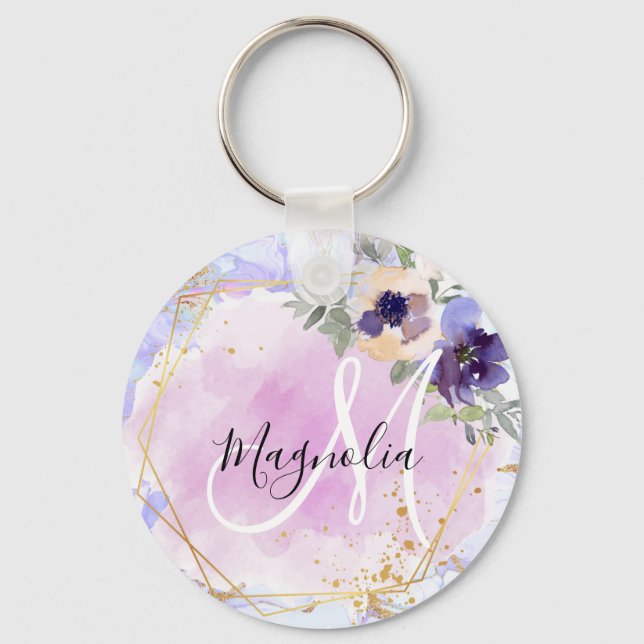 Chic Floral Blue Pink Gold Rainbow Marble Monogram Key Ring (Front)