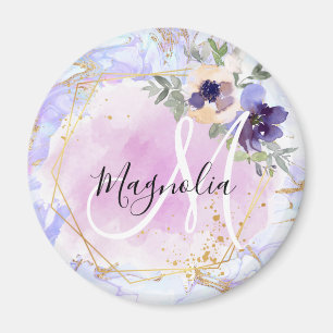 Chic Floral Blue Pink Gold Rainbow Marble Monogram Magnet
