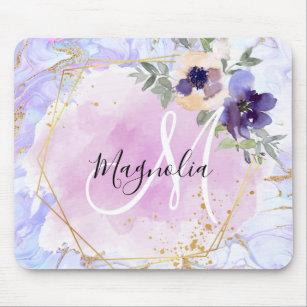 Chic Floral Blue Pink Gold Rainbow Marble Monogram Mouse Mat