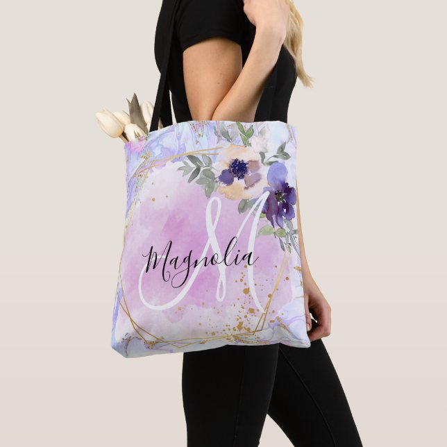 Chic Floral Blue Pink Gold Rainbow Marble Monogram Tote Bag (Close Up)