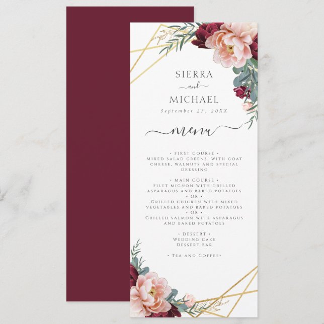 Chic Floral Blush Burgundy Gold Wedding Reception Menu (Front/Back)