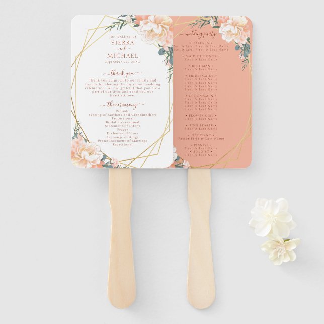 Chic Floral Blush Gold Terracotta Wedding Program Hand Fan (Front and Back)