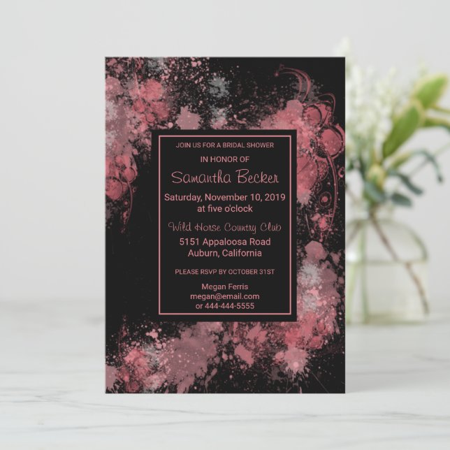 Chic Floral Blush Paint Splatter Bridal Shower Invitation (Standing Front)