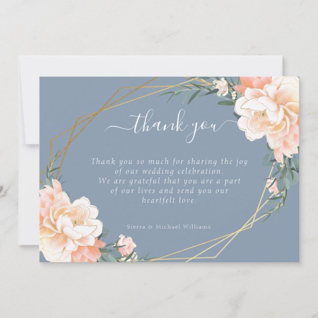 Chic Floral Blush Peach Gold Dusty Blue Wedding Thank You Card (Front)