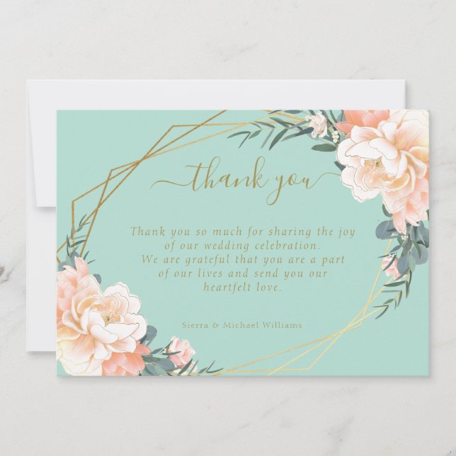 Chic Floral Blush Peach Gold Mint Green Wedding Thank You Card (Front)