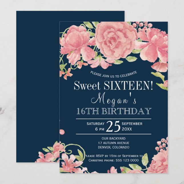 Chic floral blush peonies on navy sweet sixteen invitation (Front/Back)