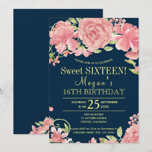 Chic floral blush peonies on navy sweet sixteen invitation