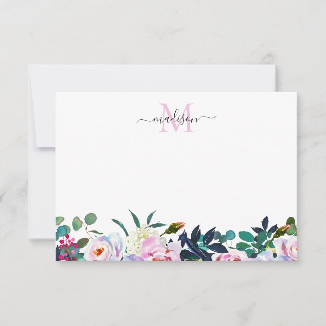 Chic Floral Blush Pink Peony Botanical Monogram Card (Front)