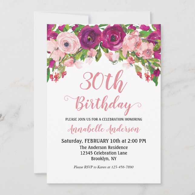 Chic Floral Blush Pink Purple Watercolor Birthday Invitation (Front)