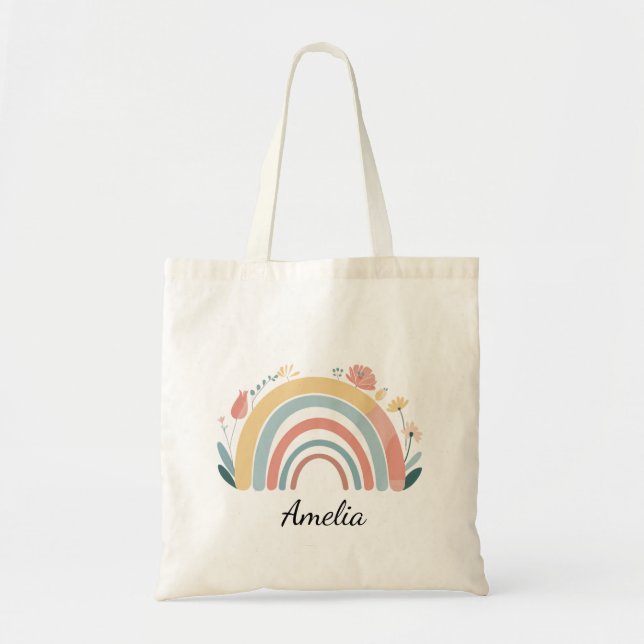 Chic Floral Boho Rainbow Minimalist Tote Bag (Front)