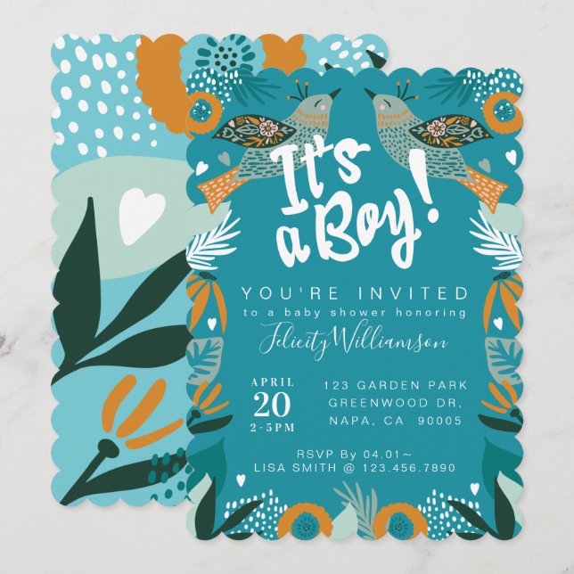 Chic Floral Botanical Bird Baby Shower Invitation (Front/Back)