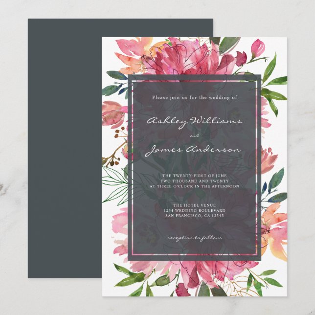 Chic Floral Botanical Boho Pink Peony Wedding Invitation (Front/Back)