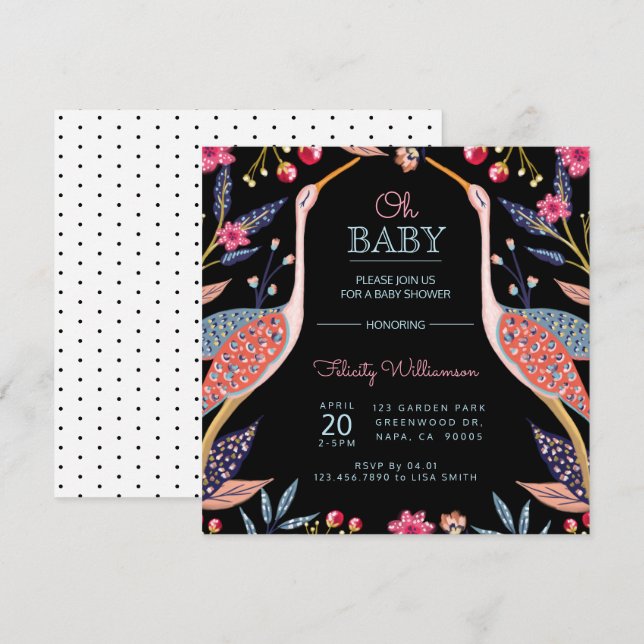 Chic Floral Botanical Stork Baby Shower Invitation (Front/Back)