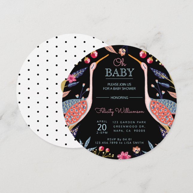 Chic Floral Botanical Stork Baby Shower Invitation (Front/Back)
