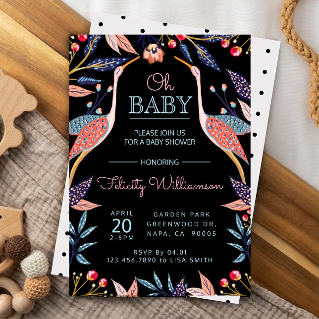 Chic Floral Botanical Stork Baby Shower Invitation (Creator Uploaded)