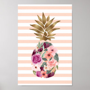 Chic Floral Botanical Watercolor Golden Pineapple Poster