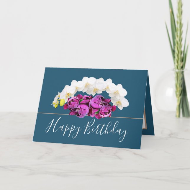 Chic Floral Bouquet Orchids&Peony Flowers Birthday Card (Front)
