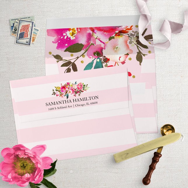 Chic Floral Bouquet Pink and White Stripes Envelope (Creator Uploaded)
