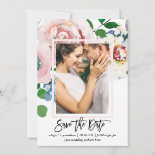 Chic Floral Bouquet with Brush Script Two Photo Save The Date