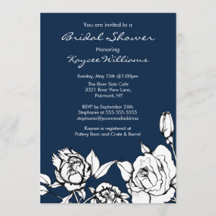 Chic Floral Bridal Shower Invitation Dark Blue