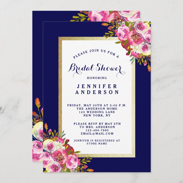 Chic Floral Bridal Shower Invite | Navy Blue Pink (Front/Back)