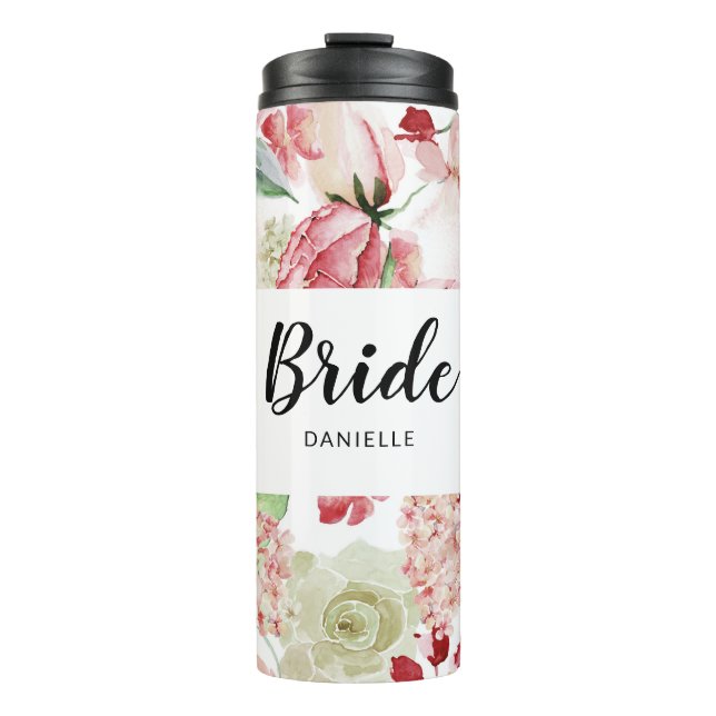 Chic Floral Bride Monogrammed Bridal Wedding Party Thermal Tumbler (Front)