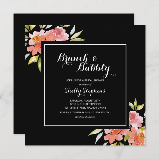 Chic Floral Brunch and Bubbly Black Invitations (Front/Back)