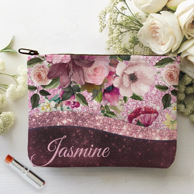 Chic floral Burgundy pink purple glitter monogram Accessory Pouch (Creator Uploaded)