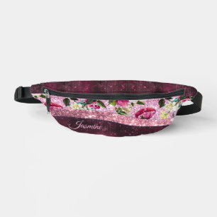 Chic floral Burgundy pink purple glitter monogram Bum Bags