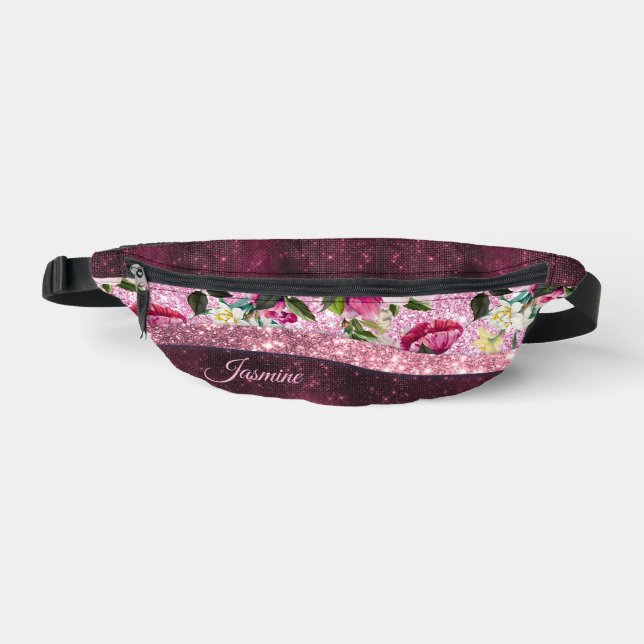 Chic floral Burgundy pink purple glitter monogram Bum Bags (Front)
