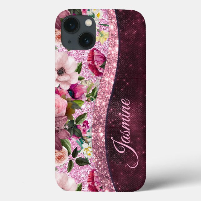 Chic floral Burgundy pink purple glitter monogram Case-Mate iPhone Case (Back)