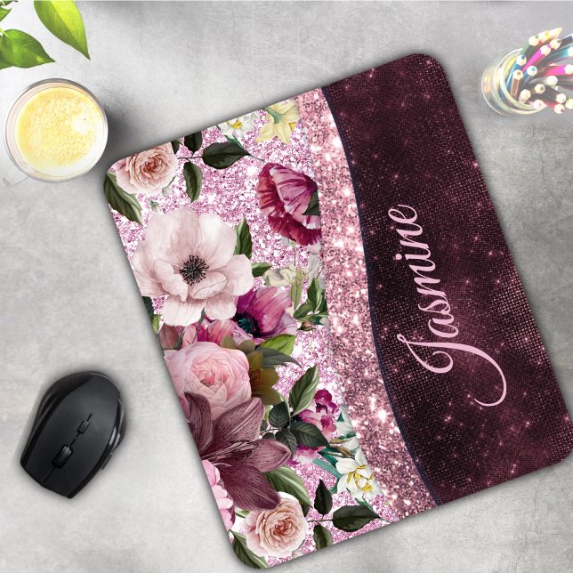 Chic floral Burgundy pink purple glitter monogram Mouse Mat (Creator Uploaded)