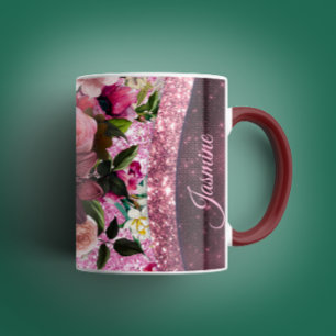 Chic floral Burgundy pink purple glitter monogram Mug
