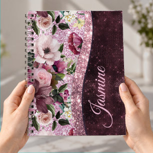 Chic floral Burgundy pink purple glitter monogram Notebook