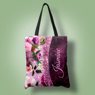 Chic floral Burgundy pink purple glitter monogram Tote Bag
