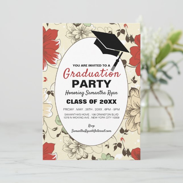 Chic Floral Cap, Graduation Party Invitation (Standing Front)